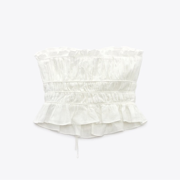 Zara 100% LINEN TIED RUFFLED TOP - Picture 4 of 16